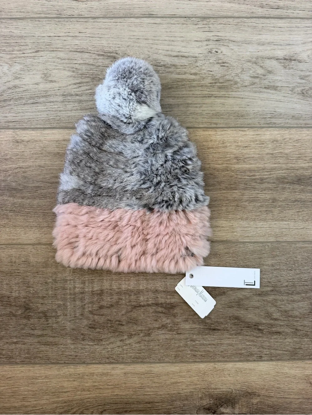 Love Token NWT Blush Pink Gray Rabbit Fur Pom Pom Beanie Hat One Size